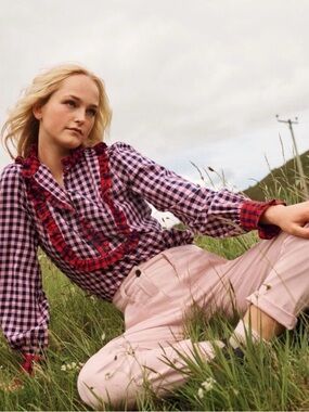 Boden Isla Frill Detail Gingham Blouse Pink Red Plaid Ruffle Top US 2 XS